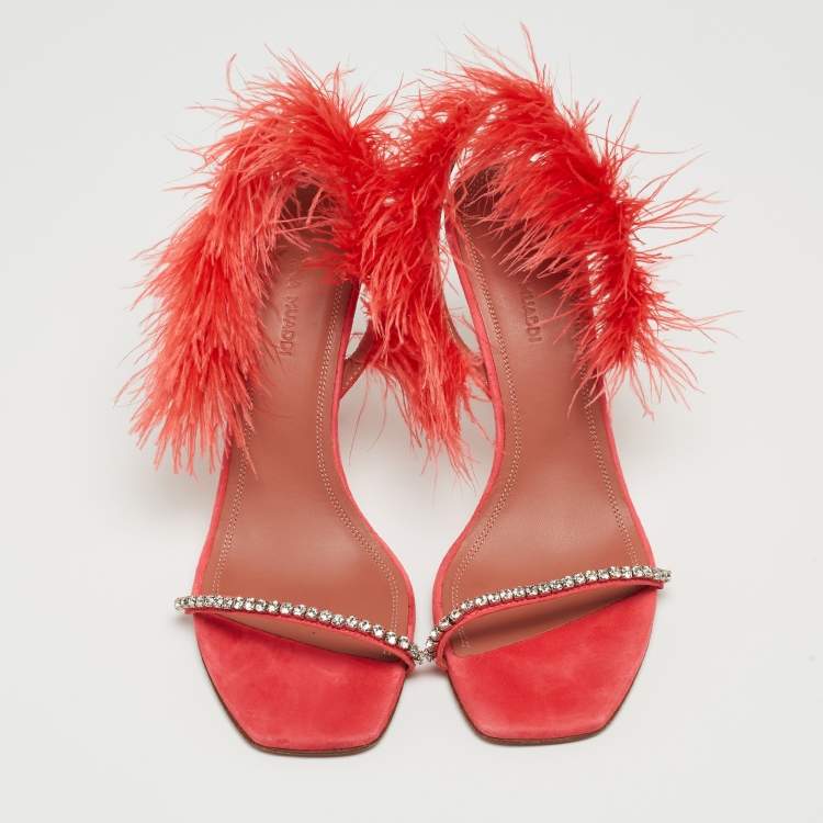 Pre Owned Amina Muaddi Pink Satin and Feather Crystal Embellished Adwoa Slingback Sandals Size 37.5