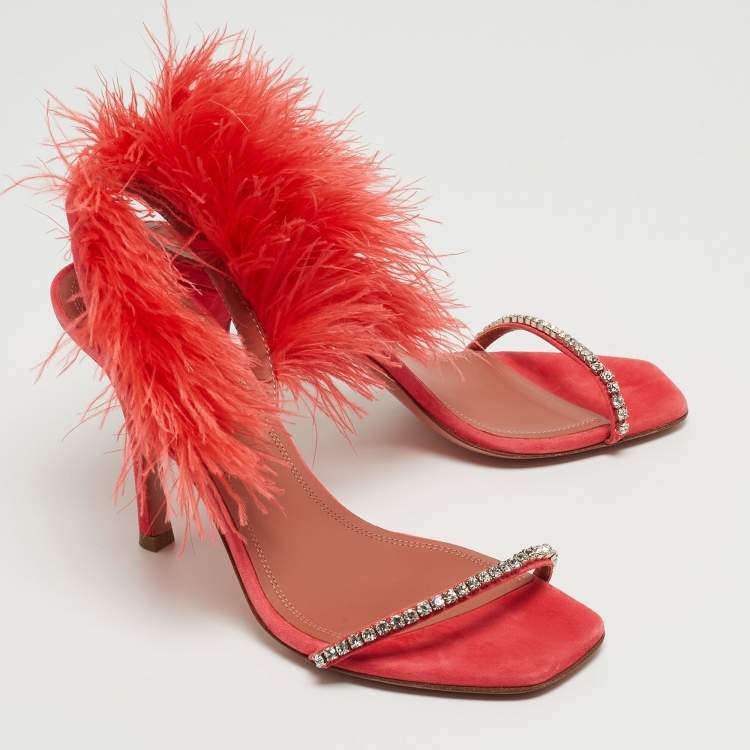 Pre Owned Amina Muaddi Pink Satin and Feather Crystal Embellished Adwoa Slingback Sandals Size 37.5
