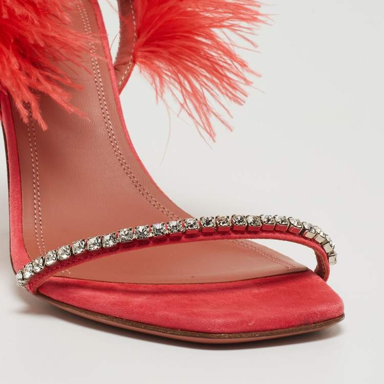 Pre Owned Amina Muaddi Pink Satin and Feather Crystal Embellished Adwoa Slingback Sandals Size 37.5