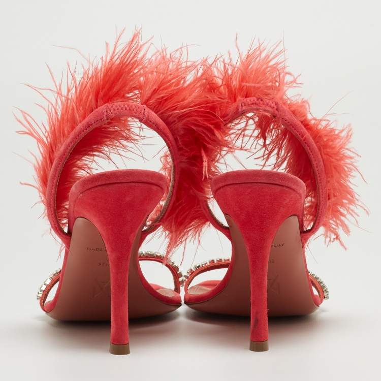 Pre Owned Amina Muaddi Pink Satin and Feather Crystal Embellished Adwoa Slingback Sandals Size 37.5