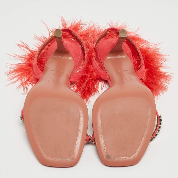 Pre Owned Amina Muaddi Pink Satin and Feather Crystal Embellished Adwoa Slingback Sandals Size 37.5