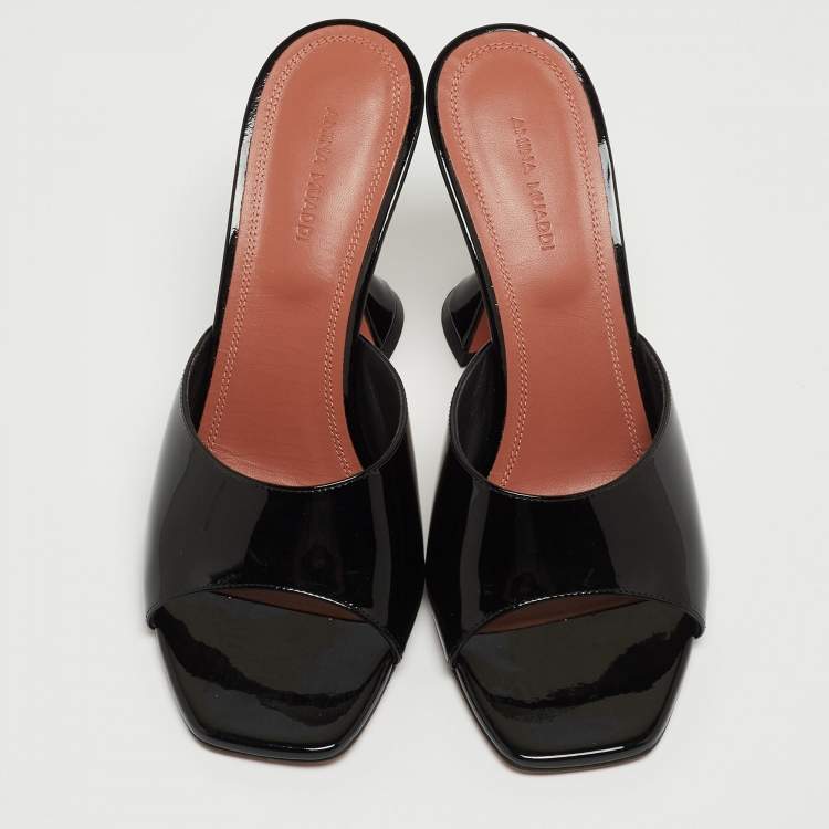 Pre Owned Amina Muaddi Black Patent Leather Lupita Open Slide Sandals Size 40