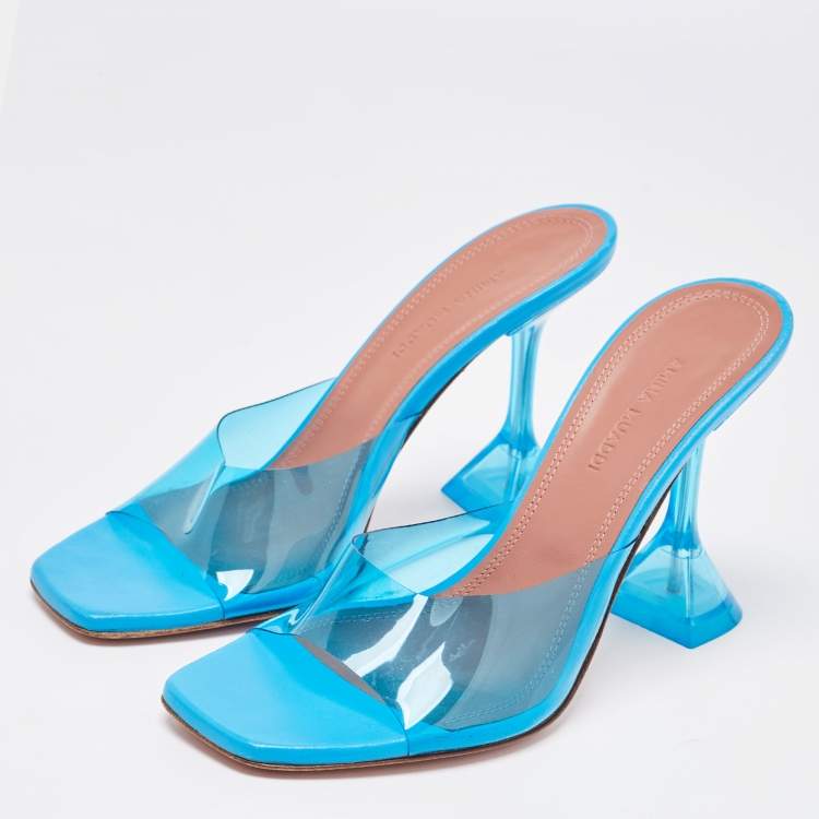 Pre Owned Amina Muaddi Blue PVC Lupita Slide Sandals Size 37