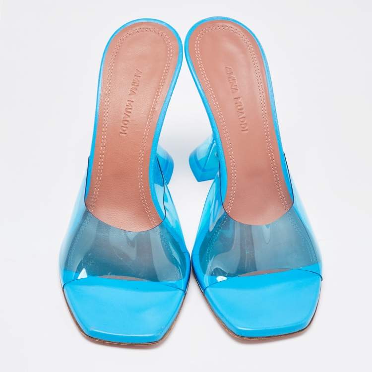 Pre Owned Amina Muaddi Blue PVC Lupita Slide Sandals Size 37