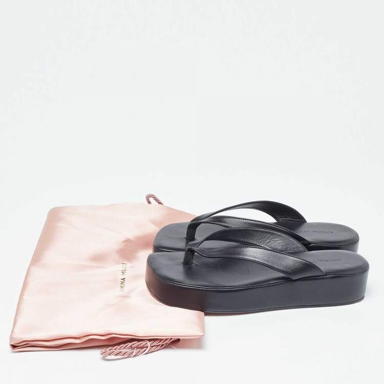مملوكة مسبقًا Amina Muaddi Black Leather Johana Platform Sandals Size 36.5