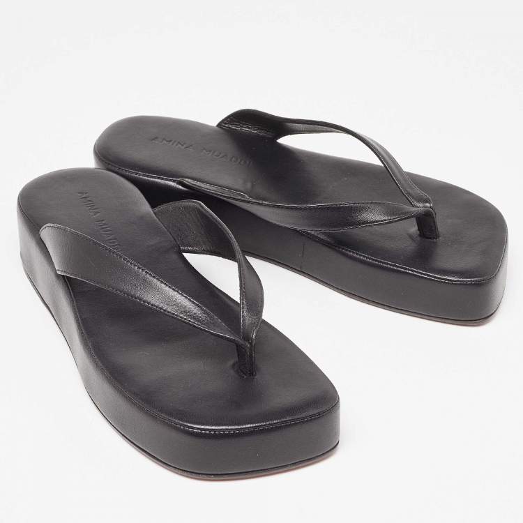 مملوكة مسبقًا Amina Muaddi Black Leather Johana Platform Sandals Size 36.5