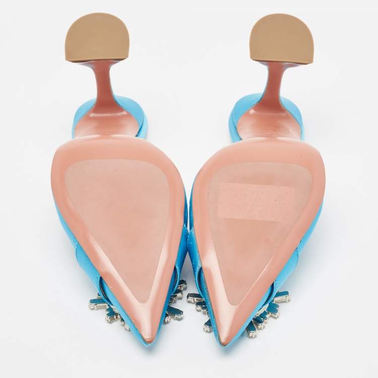 Pre Owned Amina Muaddi Blue Satin Begum Mules Size 40