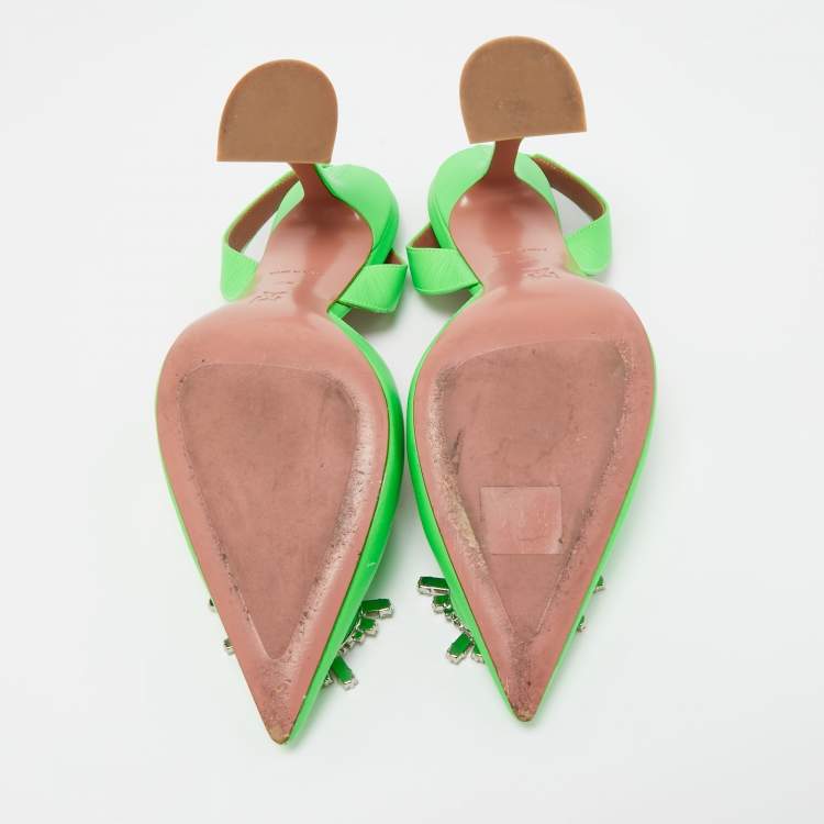 Pre Owned Amina Muaddi Neon Green Leather Begum Crystal Embellished Slingback Sandals Size 38.5