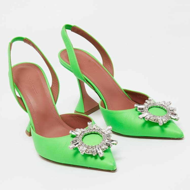 Pre Owned Amina Muaddi Neon Green Leather Begum Crystal Embellished Slingback Sandals Size 38.5