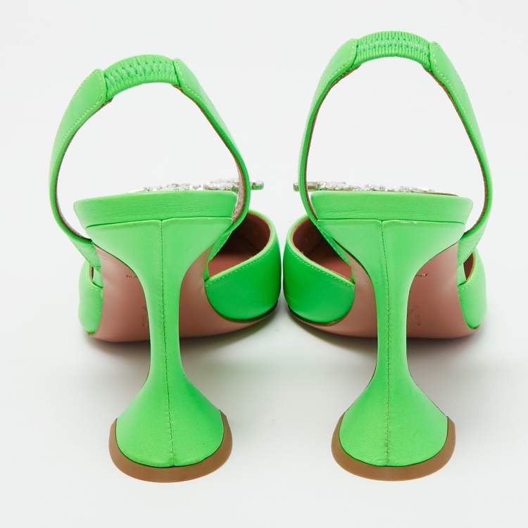 Pre Owned Amina Muaddi Neon Green Leather Begum Crystal Embellished Slingback Sandals Size 38.5