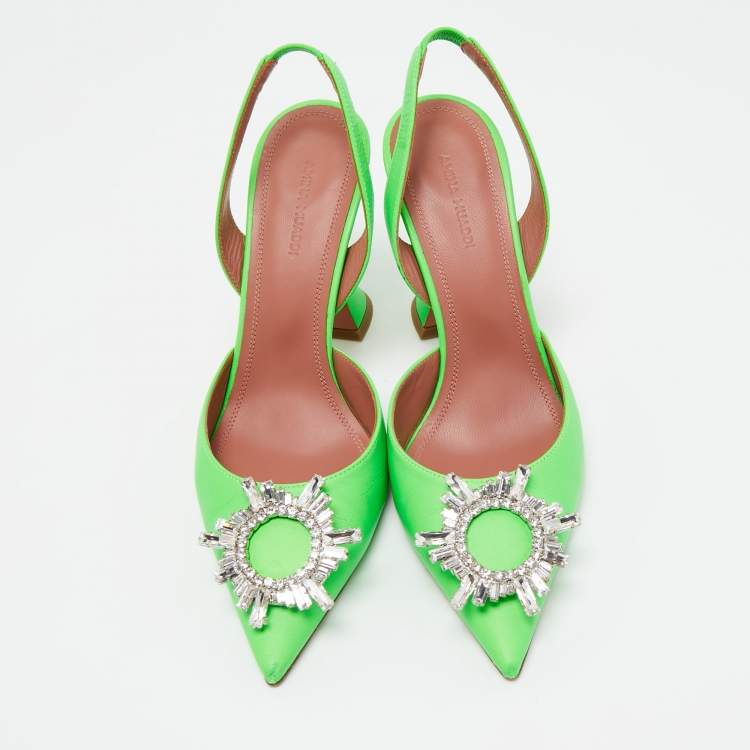 Pre Owned Amina Muaddi Neon Green Leather Begum Crystal Embellished Slingback Sandals Size 38.5