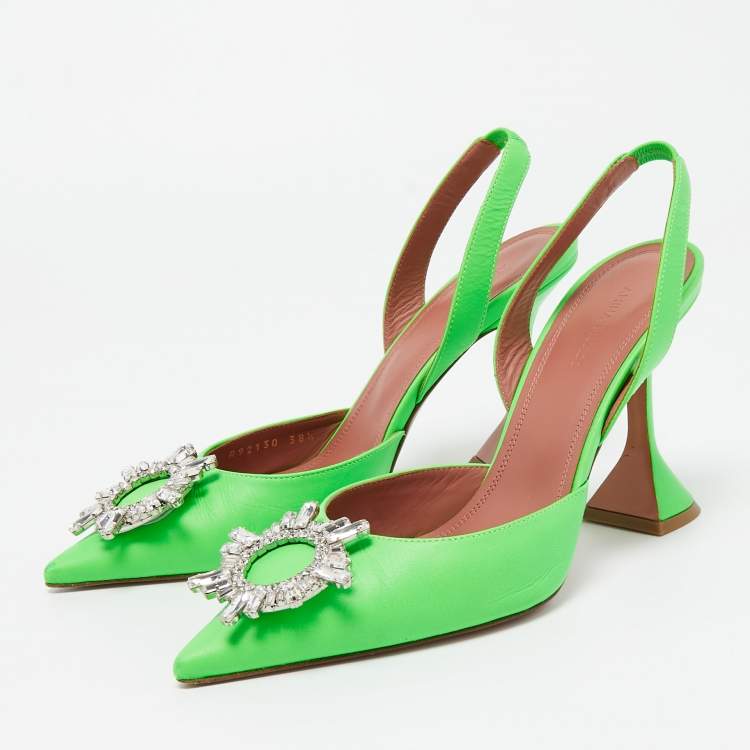 Pre Owned Amina Muaddi Neon Green Leather Begum Crystal Embellished Slingback Sandals Size 38.5