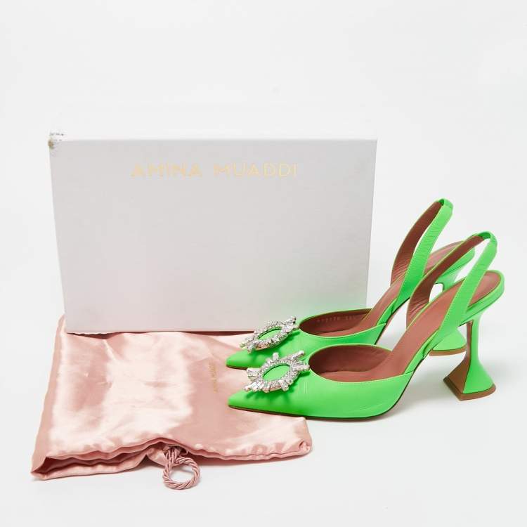Pre Owned Amina Muaddi Neon Green Leather Begum Crystal Embellished Slingback Sandals Size 38.5