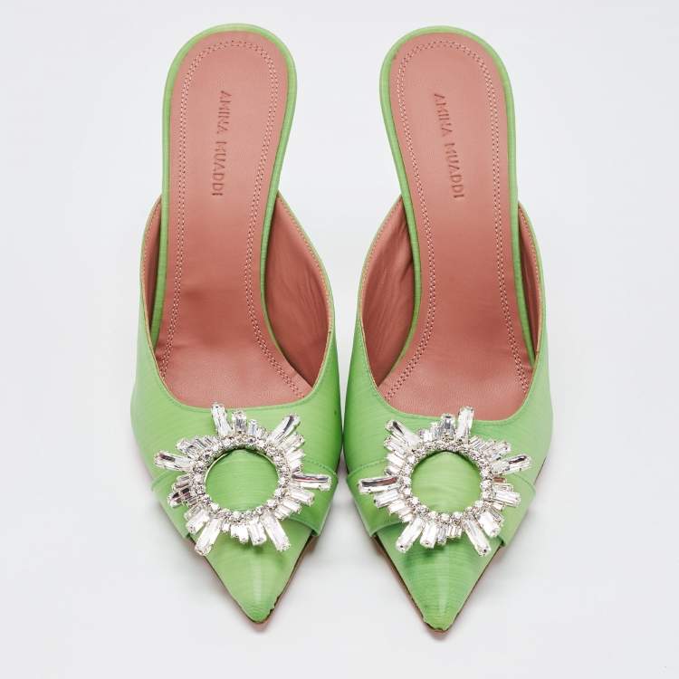 Pre Owned Amina Muaddi Green Vinyl Begum Crystal Embellished Mules Size 39