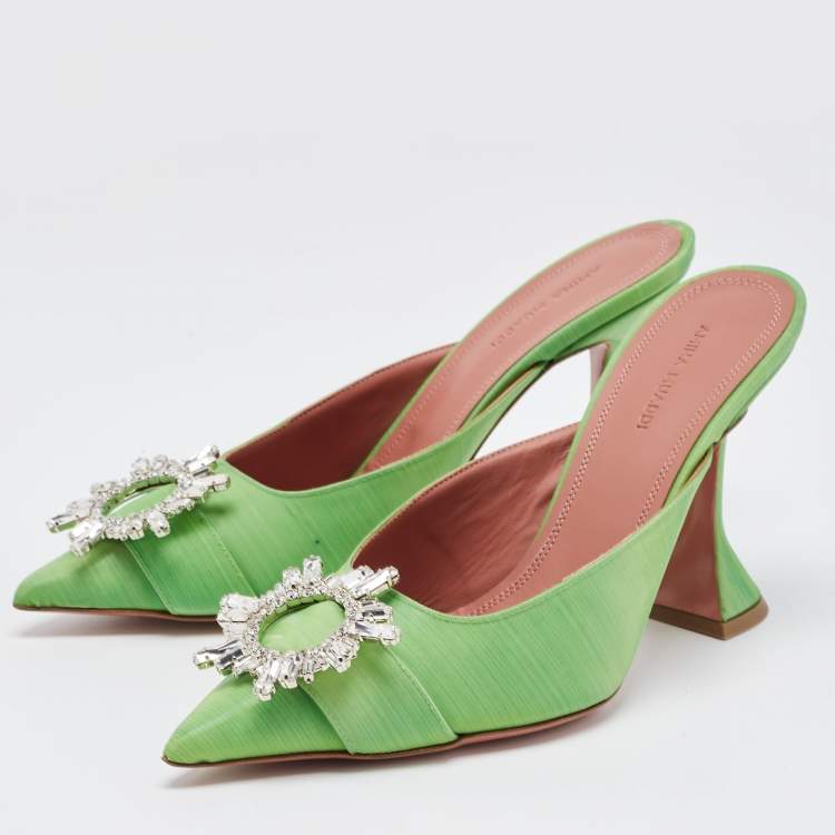 Pre Owned Amina Muaddi Green Vinyl Begum Crystal Embellished Mules Size 39