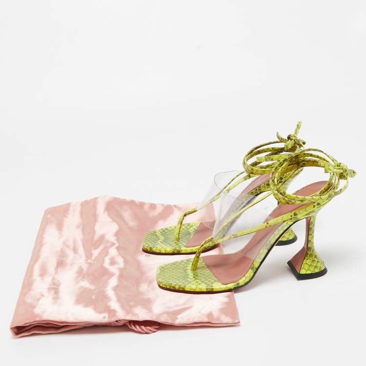 Pre Owned Amina Muaddi Two Tone Embossed Snakeskin and PVC Zula Ankle Tie Sandals Size 37