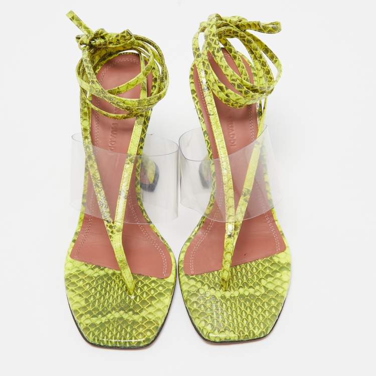 Pre Owned Amina Muaddi Two Tone Embossed Snakeskin and PVC Zula Ankle Tie Sandals Size 37
