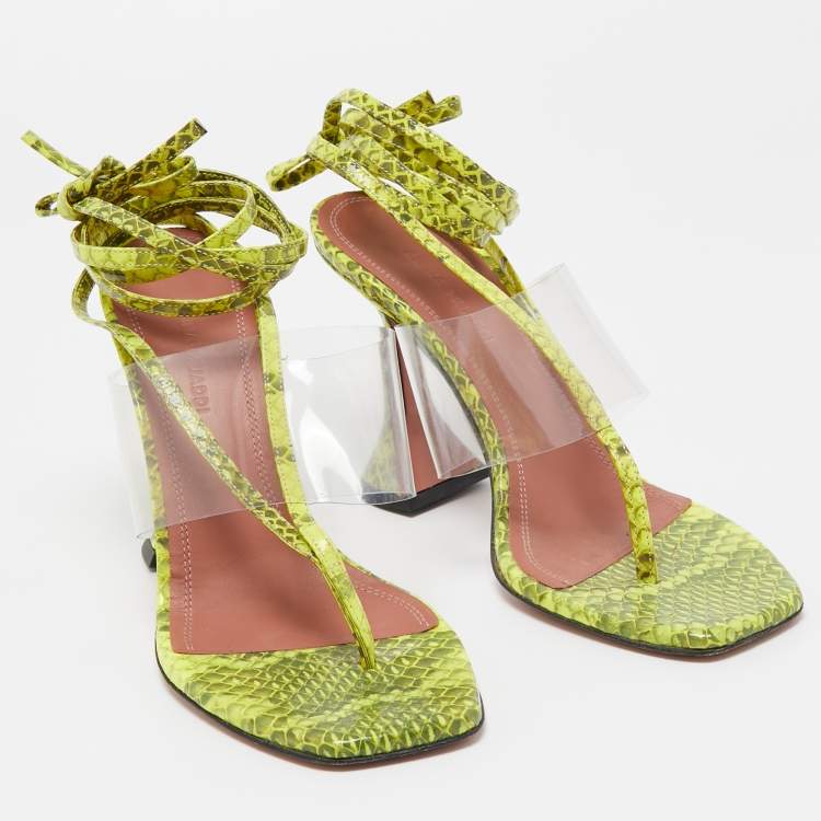 Pre Owned Amina Muaddi Two Tone Embossed Snakeskin and PVC Zula Ankle Tie Sandals Size 37