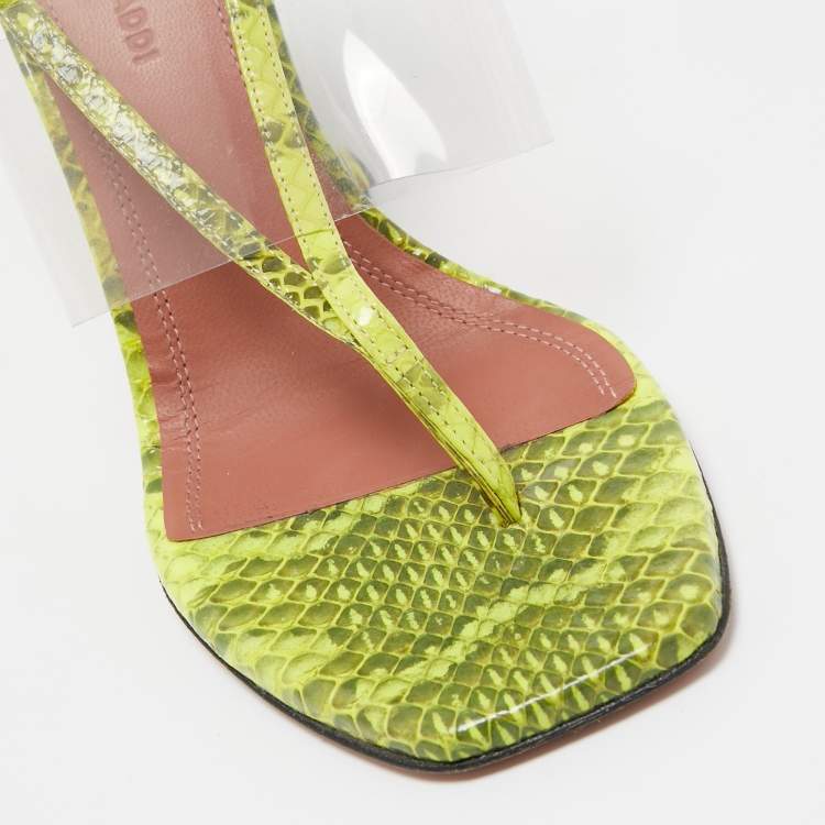 Pre Owned Amina Muaddi Two Tone Embossed Snakeskin and PVC Zula Ankle Tie Sandals Size 37