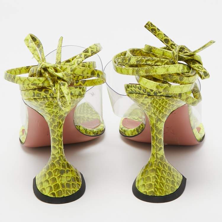 Pre Owned Amina Muaddi Two Tone Embossed Snakeskin and PVC Zula Ankle Tie Sandals Size 37