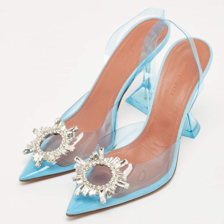 Pre Owned Amina Muaddi Blue PVC Begum Slingback Pumps Size 38.5