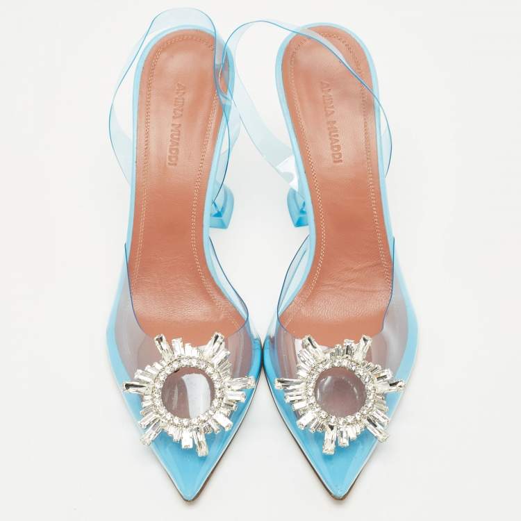 Pre Owned Amina Muaddi Blue PVC Begum Slingback Pumps Size 38.5