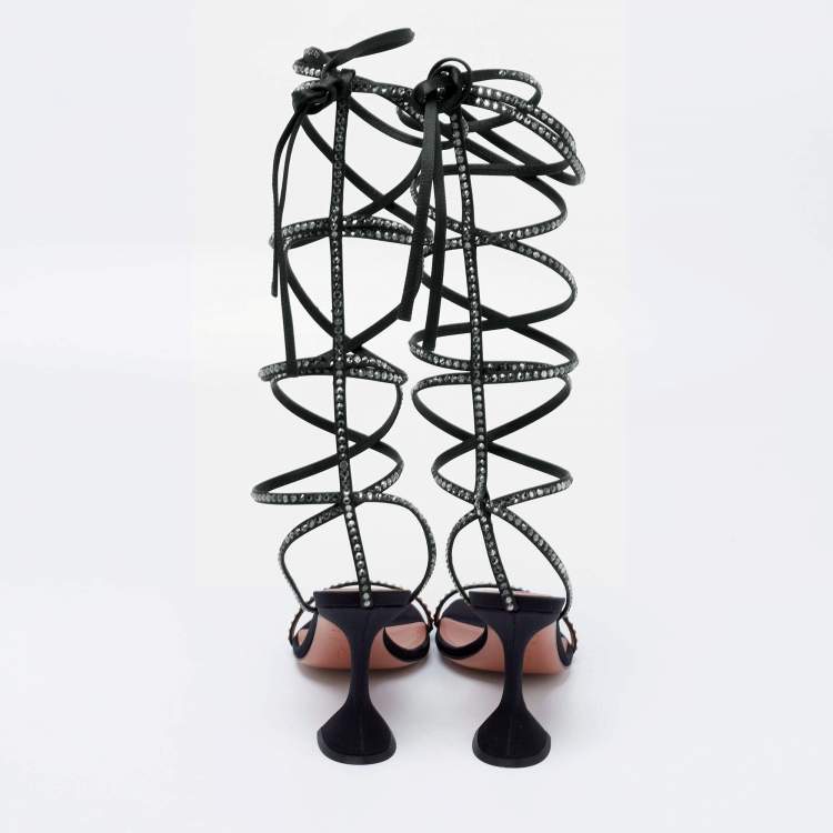 Pre Owned Amina Muaddi Black Satin Crystal Embellished Ankle Wrap Sandals Size 39.5
