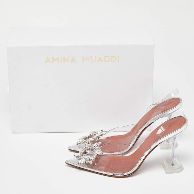 Pre Owned Amina Muaddi Silver/Transparent PVC and Leather Begum Pumps Size 38