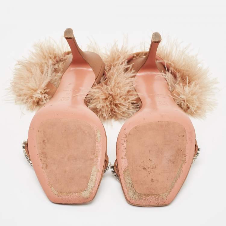 Pre Owned Amina Muaddi Brown Satin and Fur Adwoa Ankle Strap Sandals Size 42