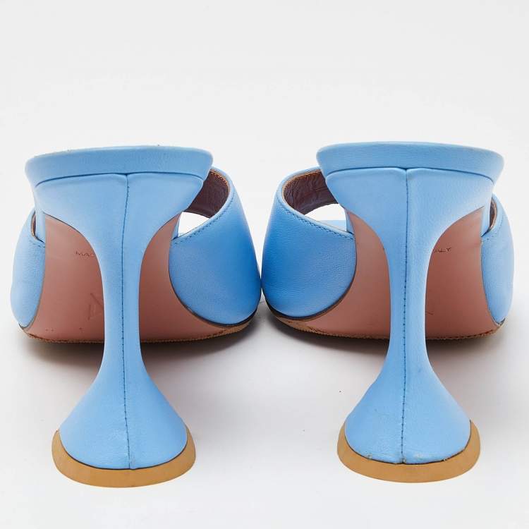 Pre Owned Amina Muaddi Blue Leather Lupita Slide Sandals Size 38
