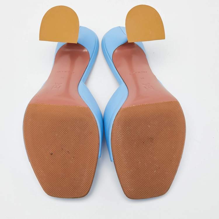 Pre Owned Amina Muaddi Blue Leather Lupita Slide Sandals Size 38