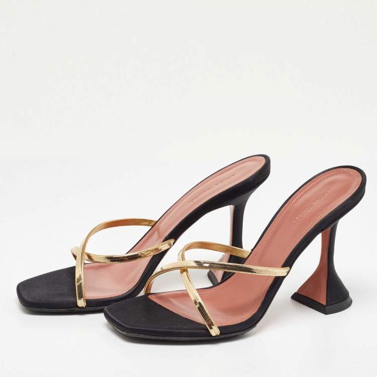 Pre Owned Amina Muaddi Black Satin Naima Slide Sandals Size 38
