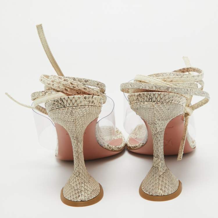 Pre Owned Amina Muaddi Brown/Beige Embossed Snakeskin and PVC Zula Sandals Size 40