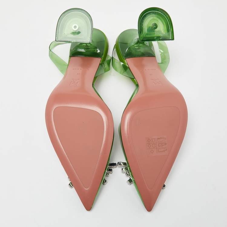 Pre Owned Amina Muaddi Green PVC Begum Crystal Embellished Slingback Pumps Size 37