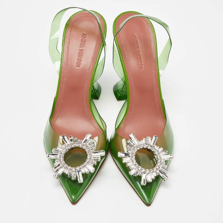Pre Owned Amina Muaddi Green PVC Begum Crystal Embellished Slingback Pumps Size 37