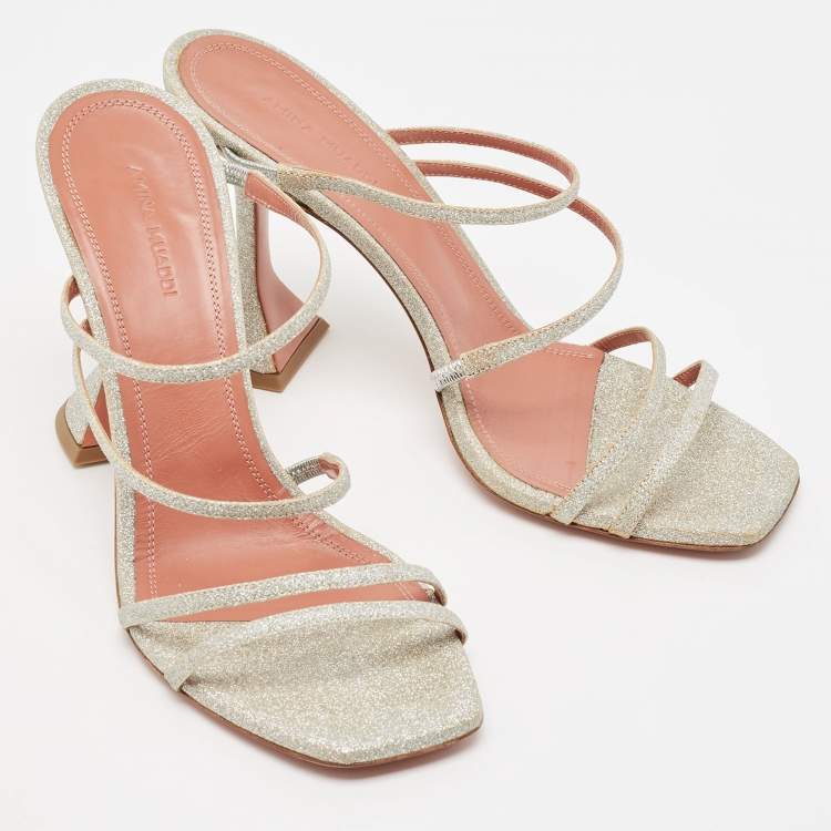 Pre Owned Amina Muaddi Silver Glitter Gilda Slide Sandals Size 40