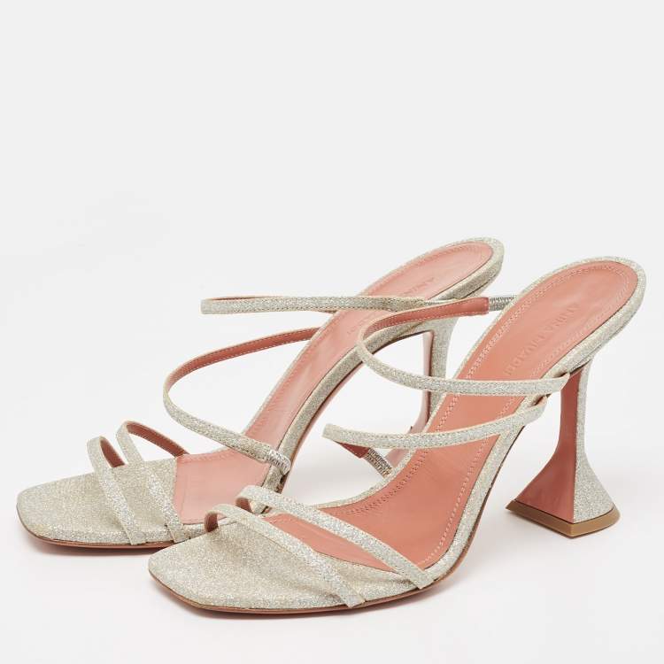 Pre Owned Amina Muaddi Silver Glitter Gilda Slide Sandals Size 40