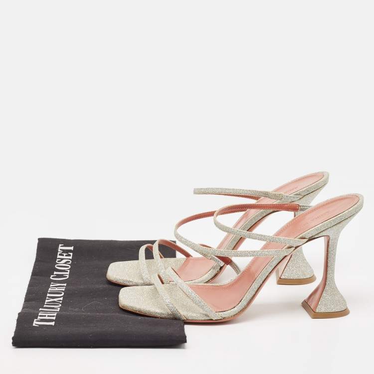 Pre Owned Amina Muaddi Silver Glitter Gilda Slide Sandals Size 40
