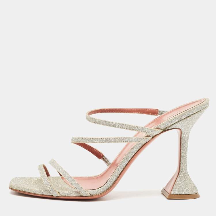 Pre Owned Amina Muaddi Silver Glitter Gilda Slide Sandals Size 40