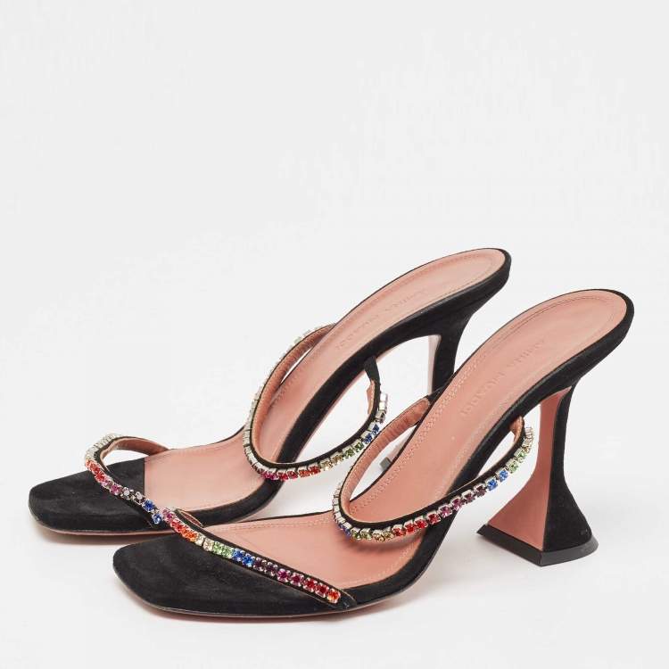 Pre Owned Amina Muaddi Black Suede Crystal Embellished Gilda Slide Sandals Size 37.5
