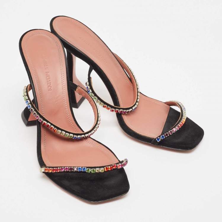 Pre Owned Amina Muaddi Black Suede Crystal Embellished Gilda Slide Sandals Size 37.5