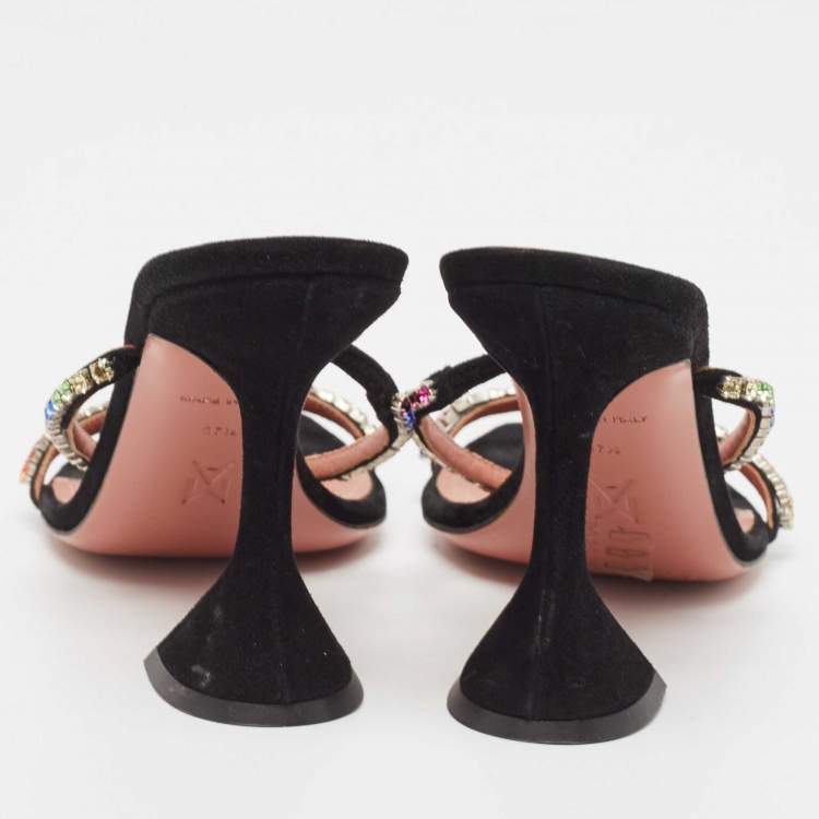 Pre Owned Amina Muaddi Black Suede Crystal Embellished Gilda Slide Sandals Size 37.5