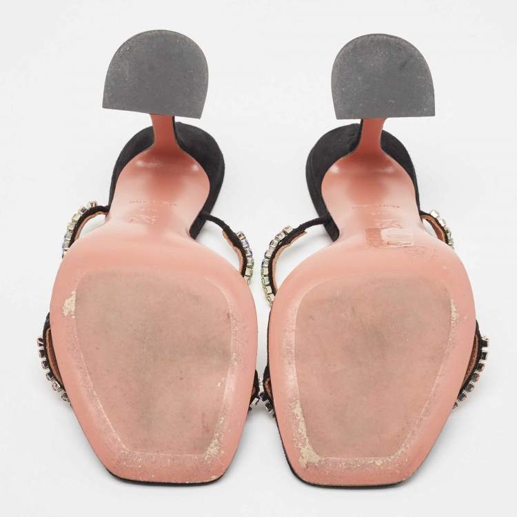 Pre Owned Amina Muaddi Black Suede Crystal Embellished Gilda Slide Sandals Size 37.5