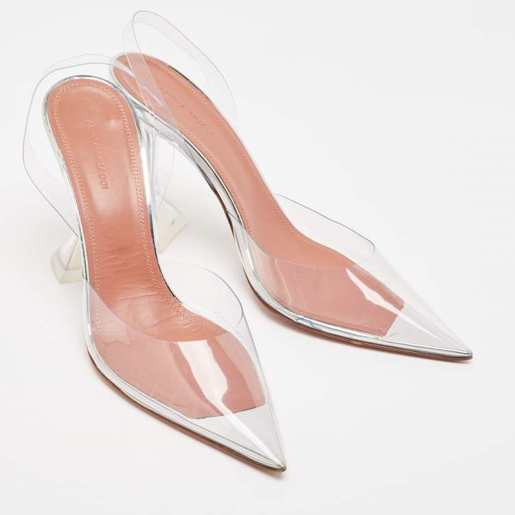 Pre Owned Amina Muaddi Transparent PVC Holli Glass Pointed Toe Slingback Pumps Size 39