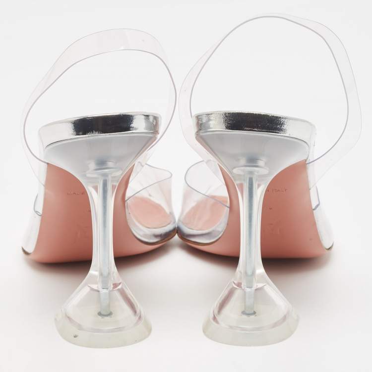 Pre Owned Amina Muaddi Transparent PVC Holli Glass Pointed Toe Slingback Pumps Size 39