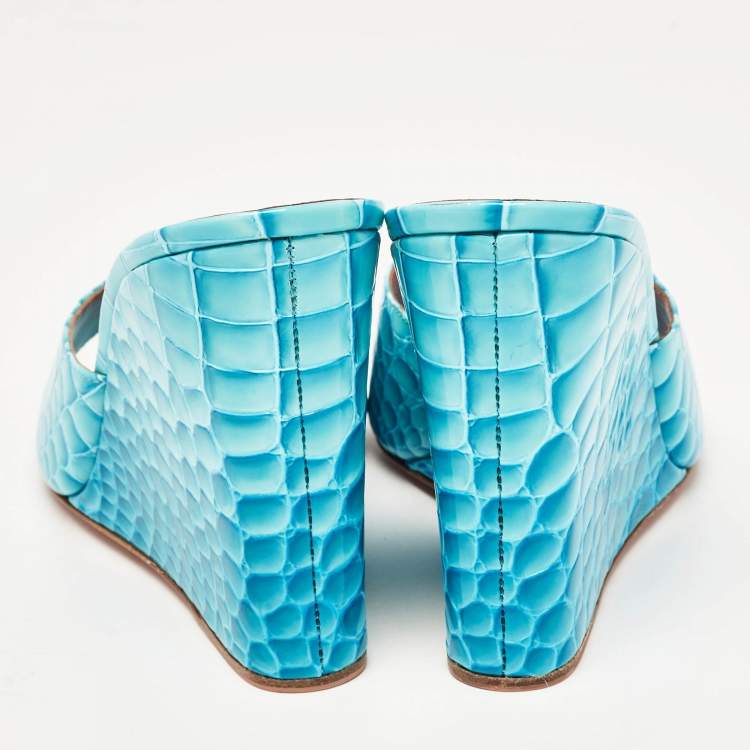 Pre Owned Amina Muaddi Teal Croc Patent Embossed Leather Lupita Wedge Slide Sandals Size 40