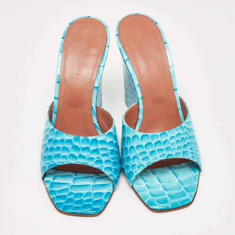 Pre Owned Amina Muaddi Teal Croc Patent Embossed Leather Lupita Wedge Slide Sandals Size 40