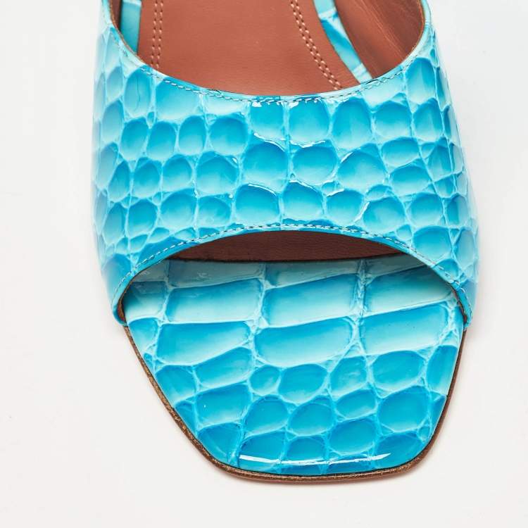 Pre Owned Amina Muaddi Teal Croc Patent Embossed Leather Lupita Wedge Slide Sandals Size 40