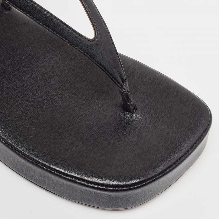 Pre Owned Amina Muaddi Black Leather Jamie Platform Ankle Wrap Sandals Size 37