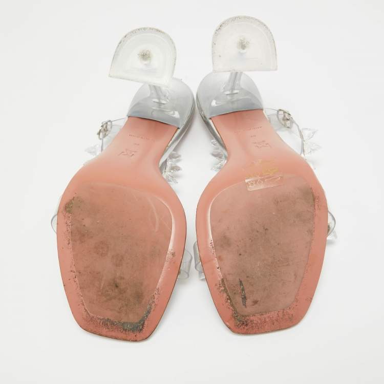 Pre Owned Amina Muaddi Silver PVC and Patent Leather Julia Glass Sandals Size 38